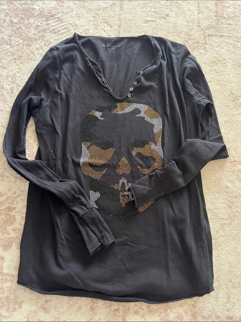 Zara Black Long-Sleeve Tee with Embellished Skull